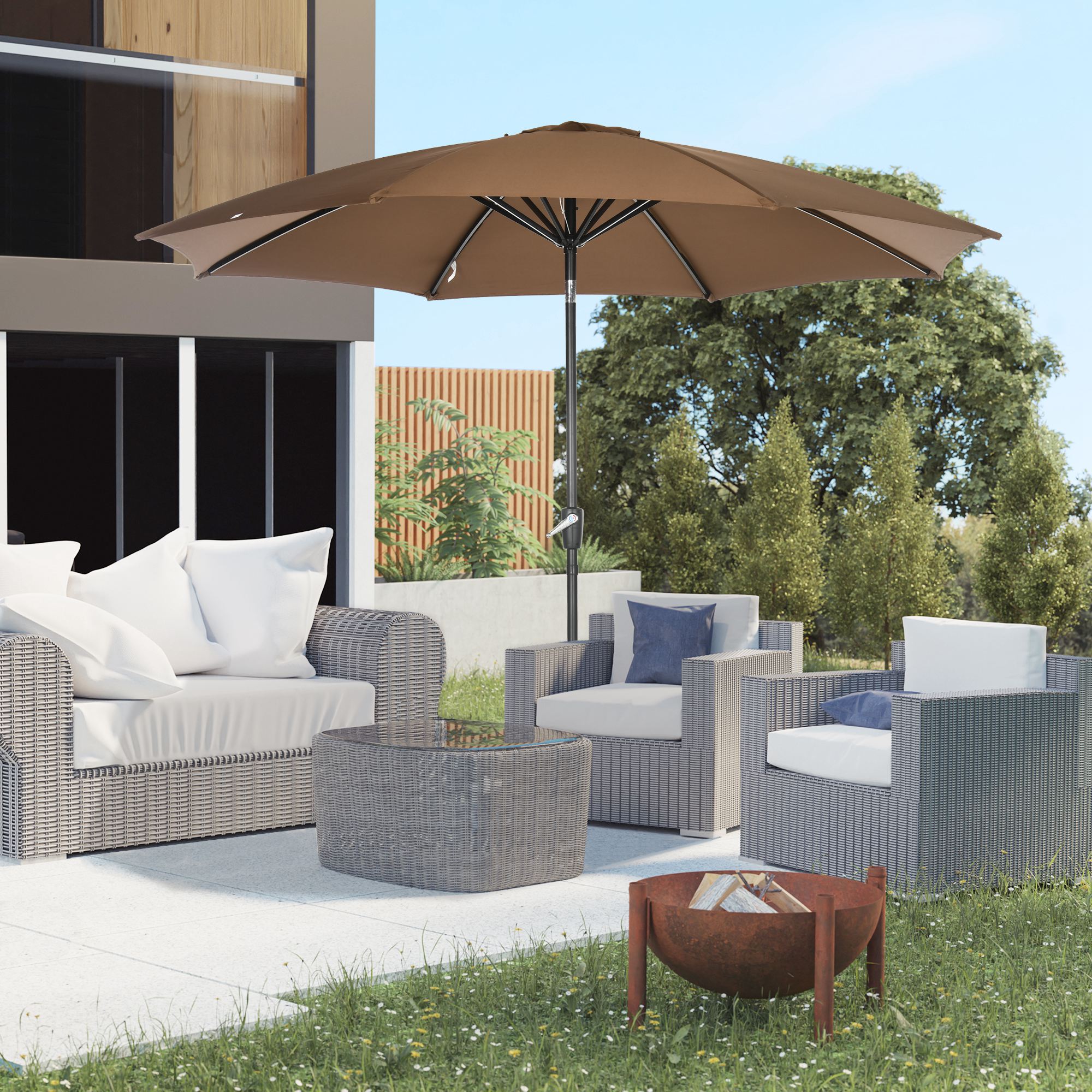 3d rendering of rattan furniture and rusty firebowl at garden