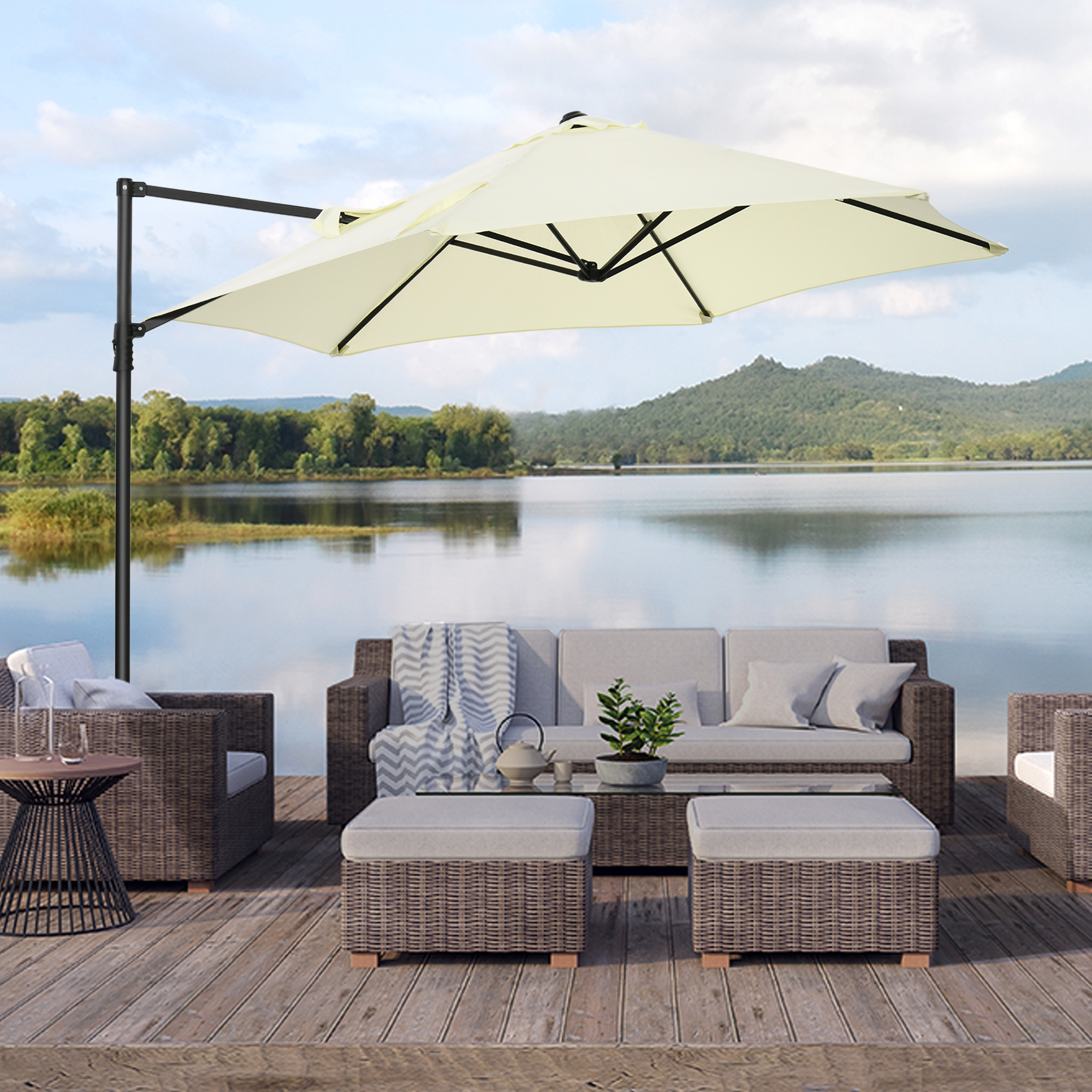 White patio umbrella coffee table and chairs on rooftop garden