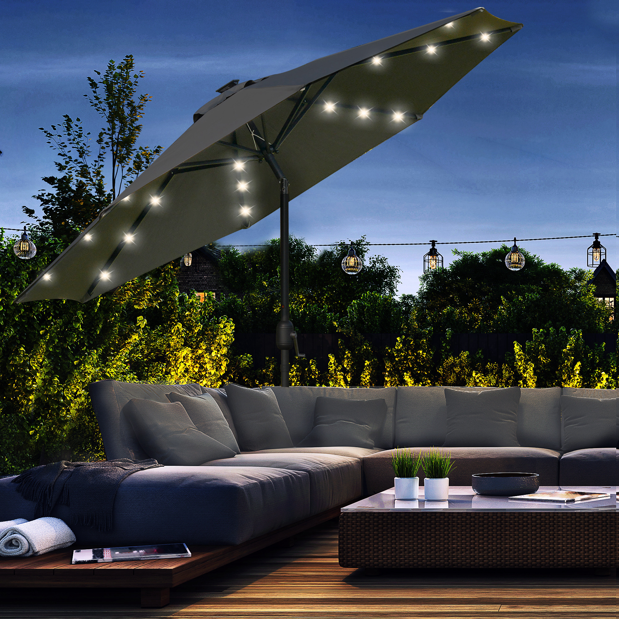 Outdoor patio area with garden furniture, swimming pool and outd