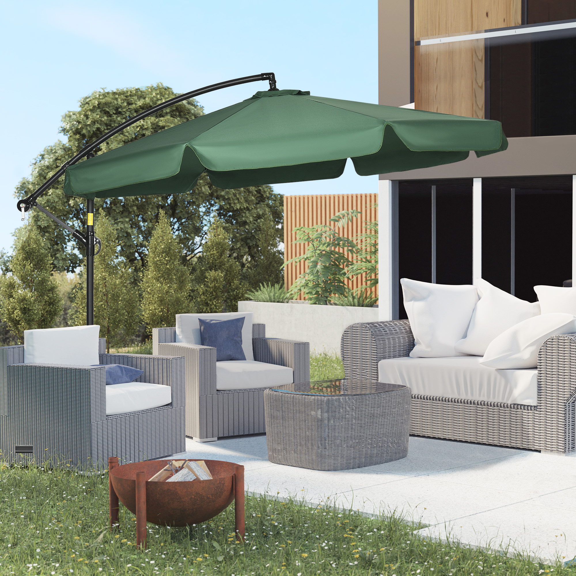 3d rendering of rattan furniture and rusty firebowl at garden