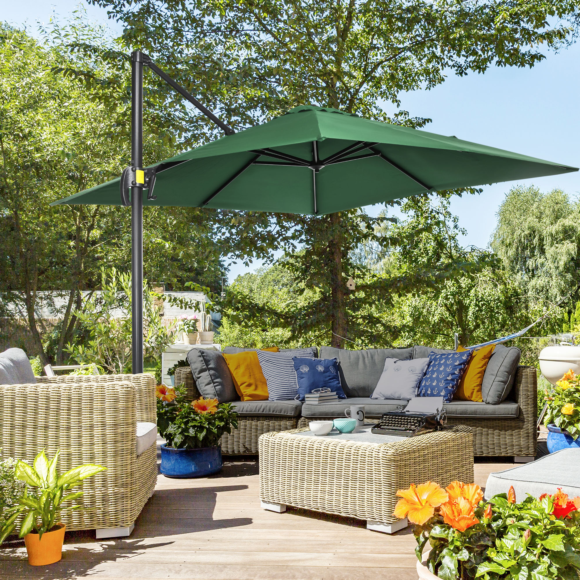Spacious villa terrace with rattan furniture