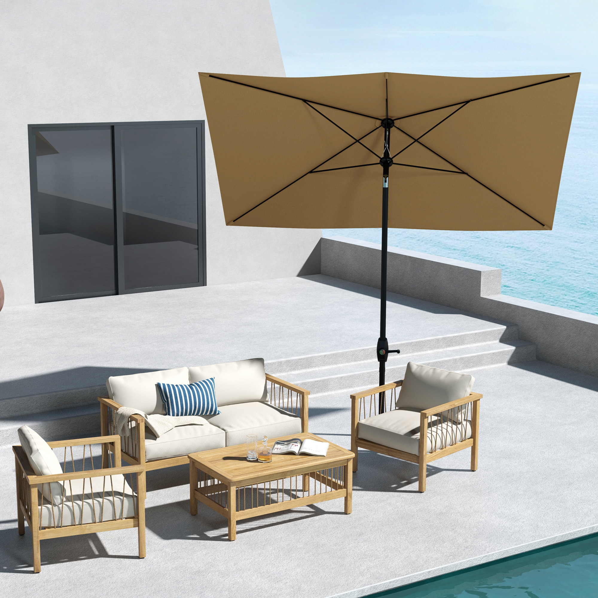 Spacious villa terrace with rattan furniture