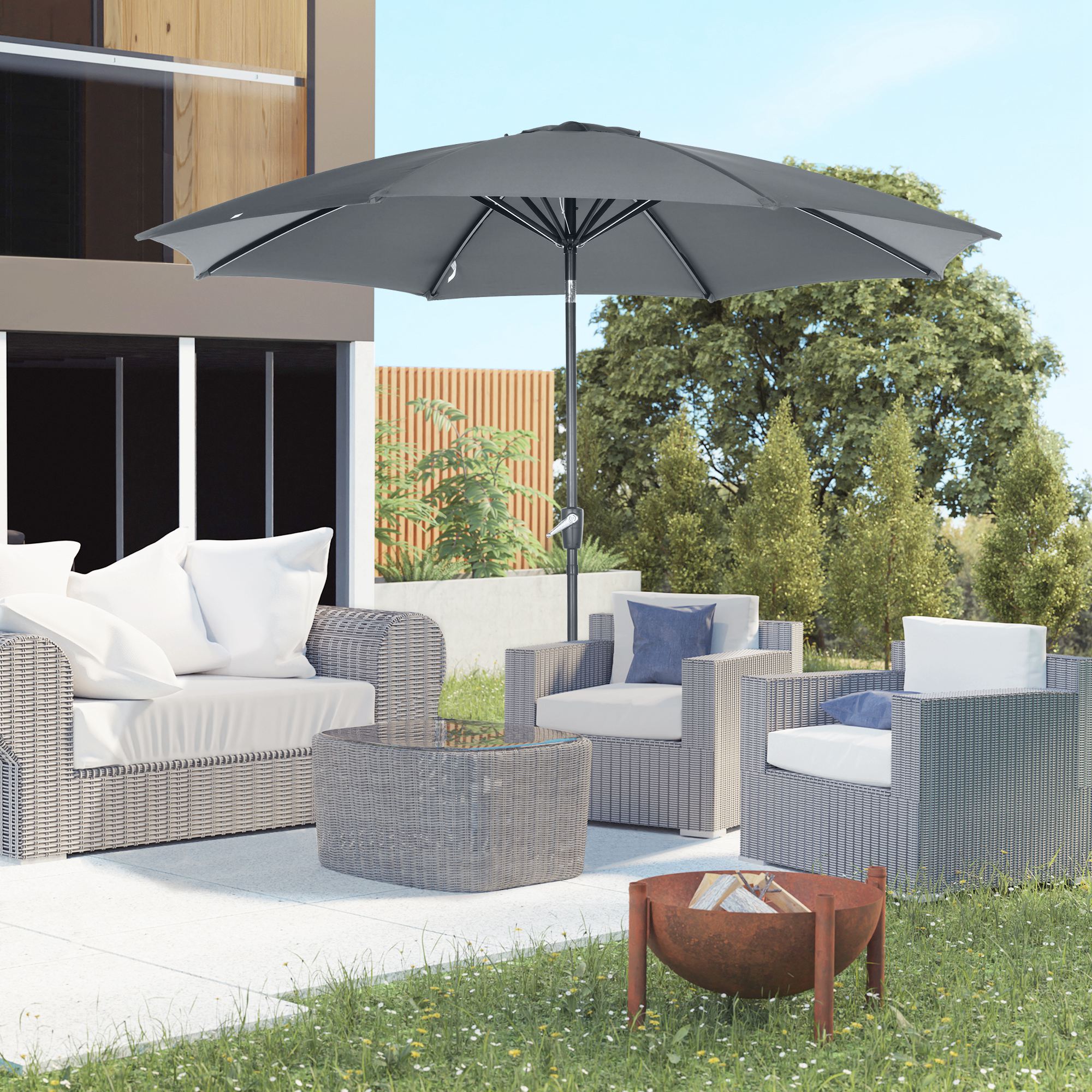 3d rendering of rattan furniture and rusty firebowl at garden